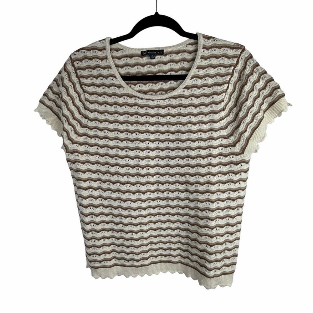 NWOT Adrianna Papell neutral striped short sleeved sweater- size L